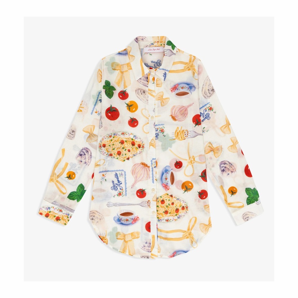 Lisa Says Gah Tessa Food Print Button Down Shirt Top Buon Appetito Ivory S